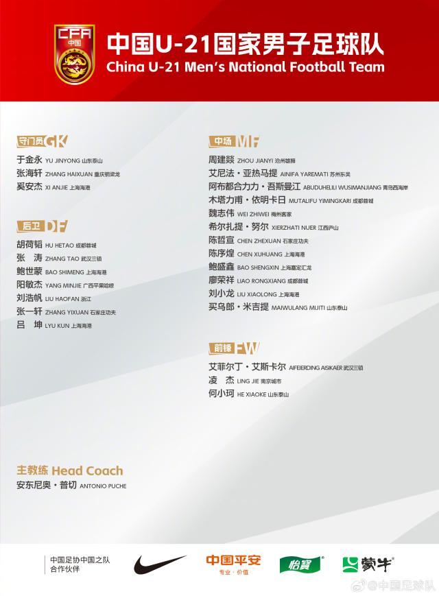 亚博体育官网-U21男足最新一期集训名单：胡荷韬、木塔力甫入选